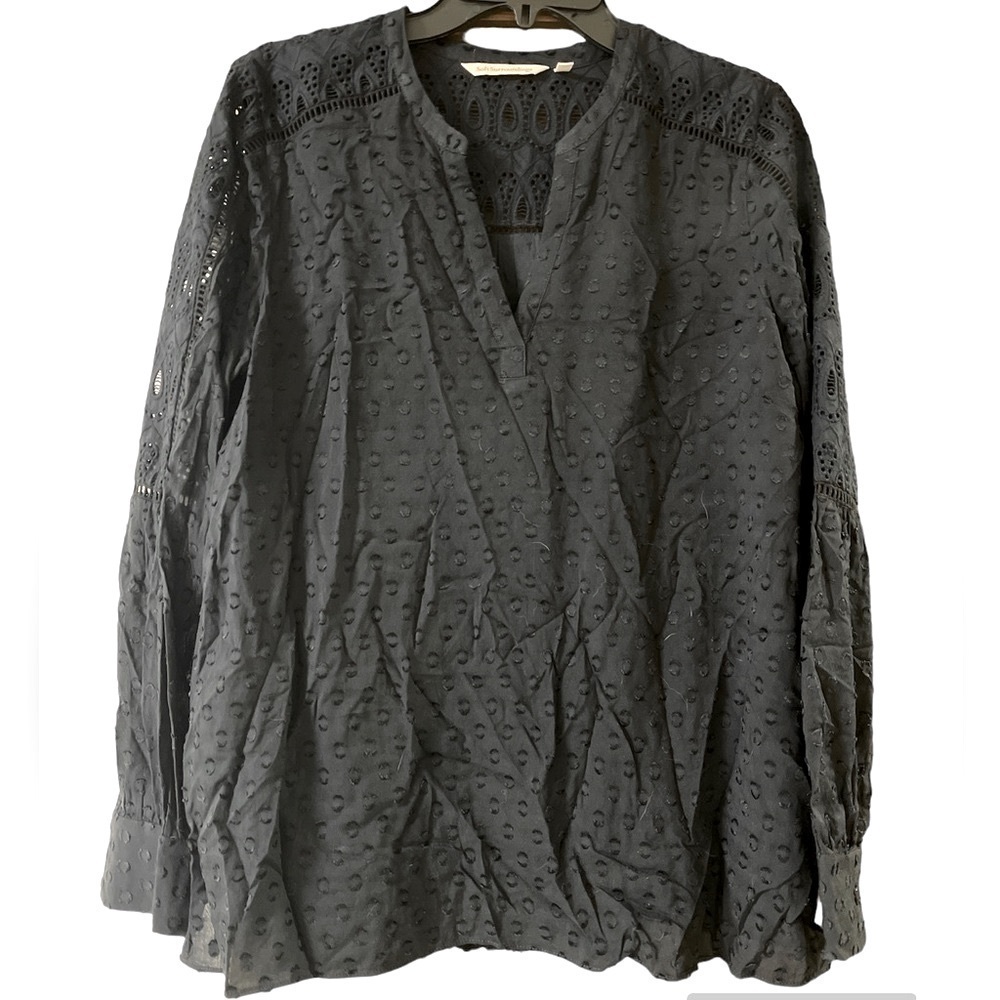 Soft Surroundings Eyelet V-Neck Button Long Sleeve Blouse Size Small